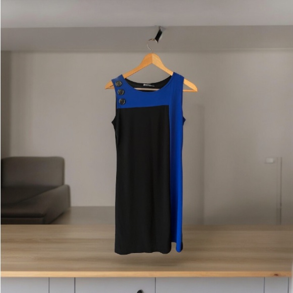 Women's Sheath Shift Mod Colorblock Dress NWD New Woman Design Blue Black